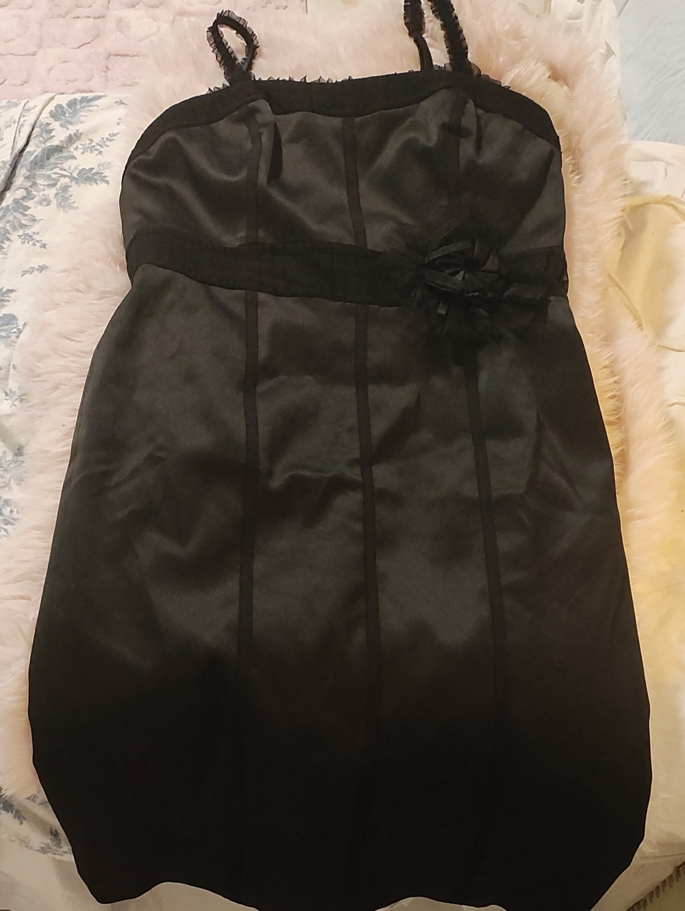 White House Black Market Black Satin Mini Dress with Floral Accent